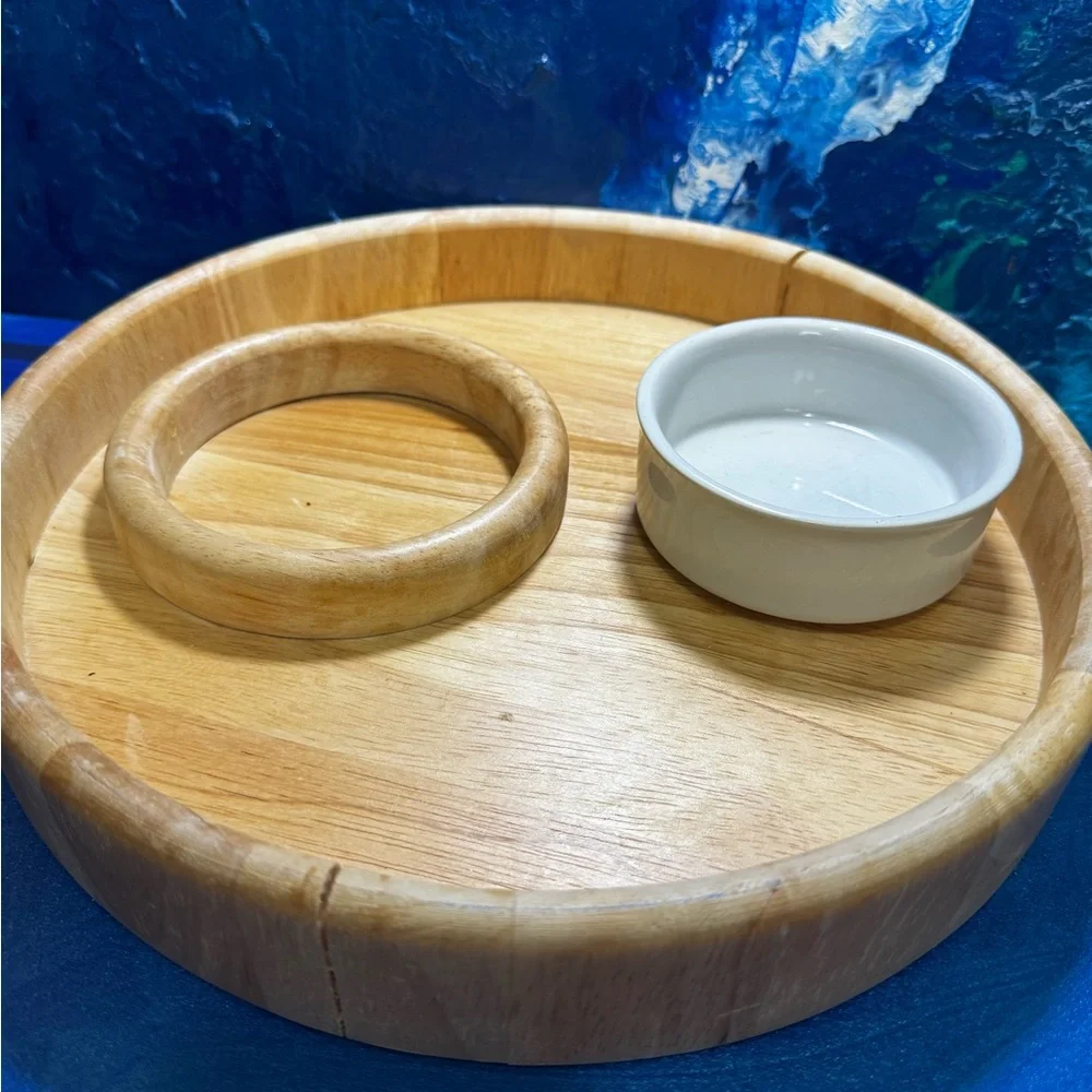 CRATE & BARREL TRAY- Wooden Serving Tray with Ceramic Bowl 12”